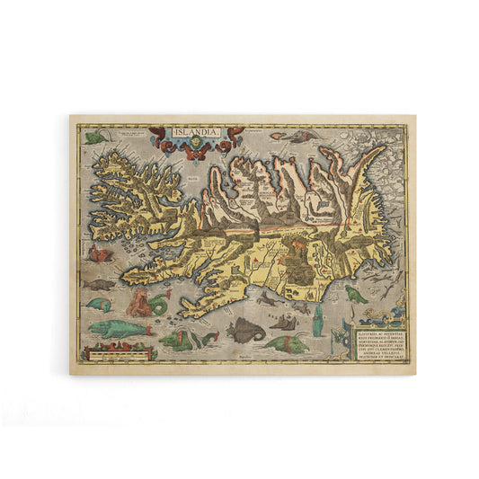 1585 Iceland Pictorial Map With Sea Monsters Canvas Wall Art Print