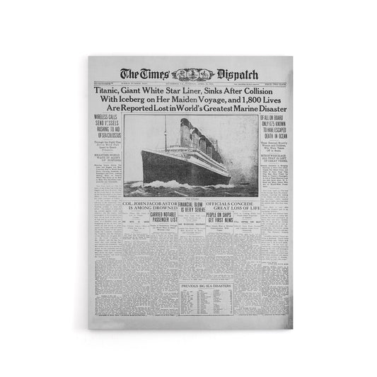 Newspaper Front Page 1912 Titanic Disaster Canvas Wall Art Print