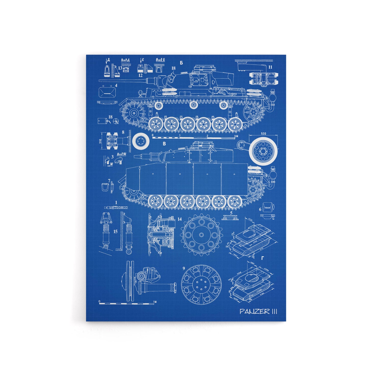 Panzer III 3 German Tank Blueprint Canvas Wall Art Print